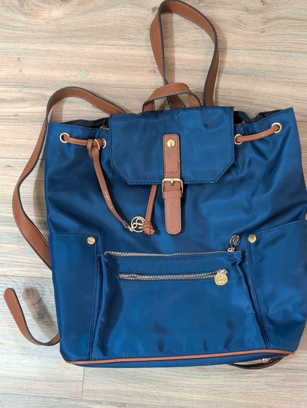 Nylon Drawstring Backpack Tote - Navy with Brown Trim